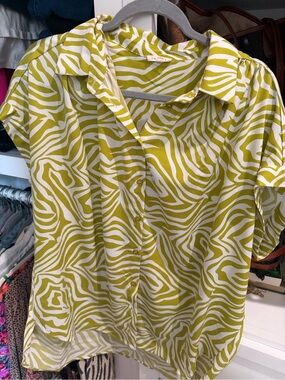 JODIFL Short-Sleeve Button-Front Top in Lime Green and White Zebra Print